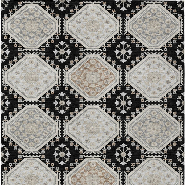 HomeRoots 5' Black and Silver Floral Washable Area Rug - Durable, Stylish Design for Indoor and Outdoor Spaces 5' X 8' 610740