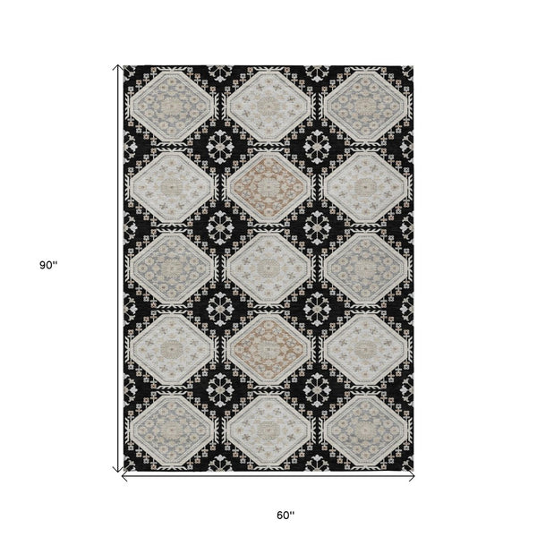HomeRoots 5' Black and Silver Floral Washable Area Rug - Durable, Stylish Design for Indoor and Outdoor Spaces 5' X 8' 610740