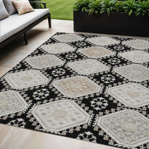 HomeRoots 5' Black and Silver Floral Washable Area Rug - Durable, Stylish Design for Indoor and Outdoor Spaces 5' X 8' 610740