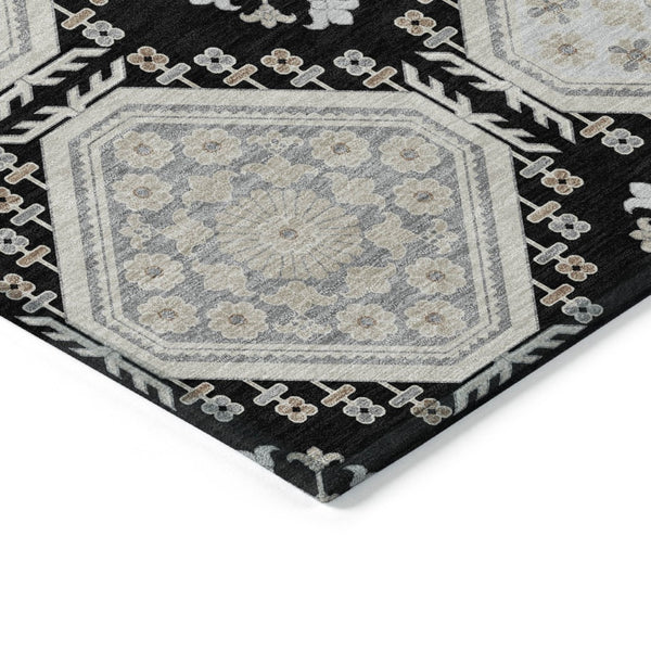 HomeRoots 5' Black and Silver Floral Washable Area Rug - Durable, Stylish Design for Indoor and Outdoor Spaces 5' X 8' 610740
