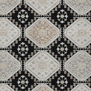HomeRoots 5' Black and Silver Floral Washable Area Rug - Durable, Stylish Design for Indoor and Outdoor Spaces 5' X 8' 610740