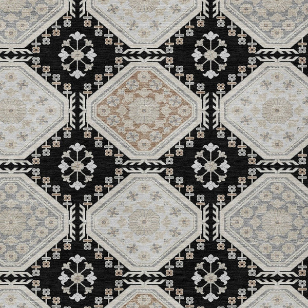 HomeRoots 5' Black and Silver Floral Washable Area Rug - Durable, Stylish Design for Indoor and Outdoor Spaces 5' X 8' 610740