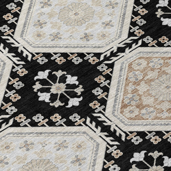 HomeRoots 5' Black and Silver Floral Washable Area Rug - Durable, Stylish Design for Indoor and Outdoor Spaces 5' X 8' 610740