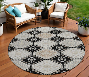 HomeRoots 5' Black and Silver Floral Washable Area Rug - Durable, Stylish Design for Indoor and Outdoor Spaces 8' Round 610741