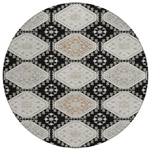 HomeRoots 5' Black and Silver Floral Washable Area Rug - Durable, Stylish Design for Indoor and Outdoor Spaces 8' Round 610741