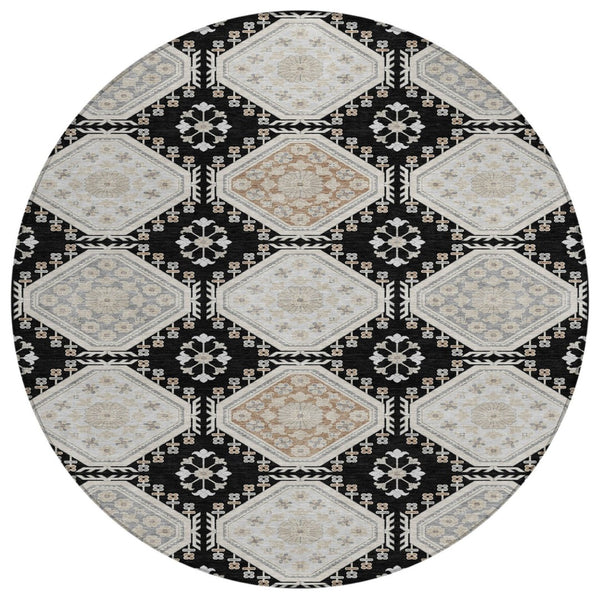 HomeRoots 5' Black and Silver Floral Washable Area Rug - Durable, Stylish Design for Indoor and Outdoor Spaces 8' Round 610741