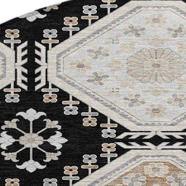 HomeRoots 5' Black and Silver Floral Washable Area Rug - Durable, Stylish Design for Indoor and Outdoor Spaces 8' Round 610741