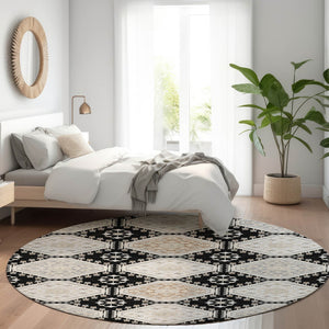 HomeRoots 5' Black and Silver Floral Washable Area Rug - Durable, Stylish Design for Indoor and Outdoor Spaces 8' Round 610741