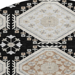 HomeRoots 5' Black and Silver Floral Washable Area Rug - Durable, Stylish Design for Indoor and Outdoor Spaces 8' Round 610741