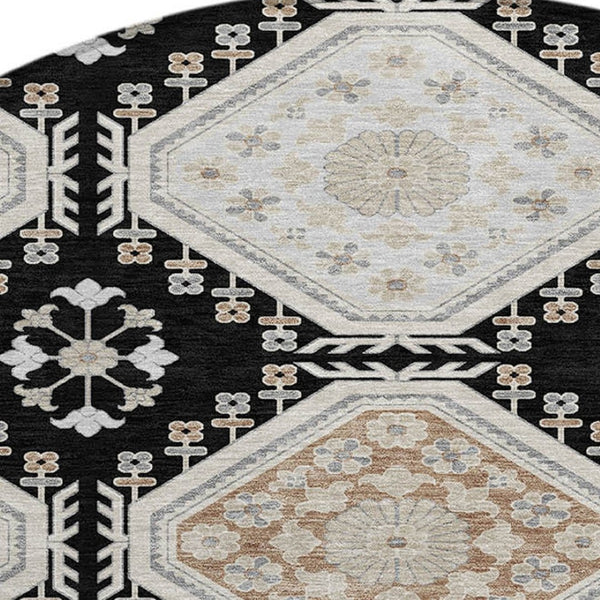HomeRoots 5' Black and Silver Floral Washable Area Rug - Durable, Stylish Design for Indoor and Outdoor Spaces 8' Round 610741