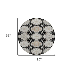 HomeRoots 5' Black and Silver Floral Washable Area Rug - Durable, Stylish Design for Indoor and Outdoor Spaces 8' Round 610741