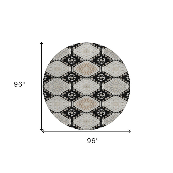HomeRoots 5' Black and Silver Floral Washable Area Rug - Durable, Stylish Design for Indoor and Outdoor Spaces 8' Round 610741