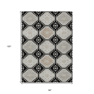 HomeRoots 5' Black and Silver Floral Washable Area Rug - Durable, Stylish Design for Indoor and Outdoor Spaces 8' X 10' 610742
