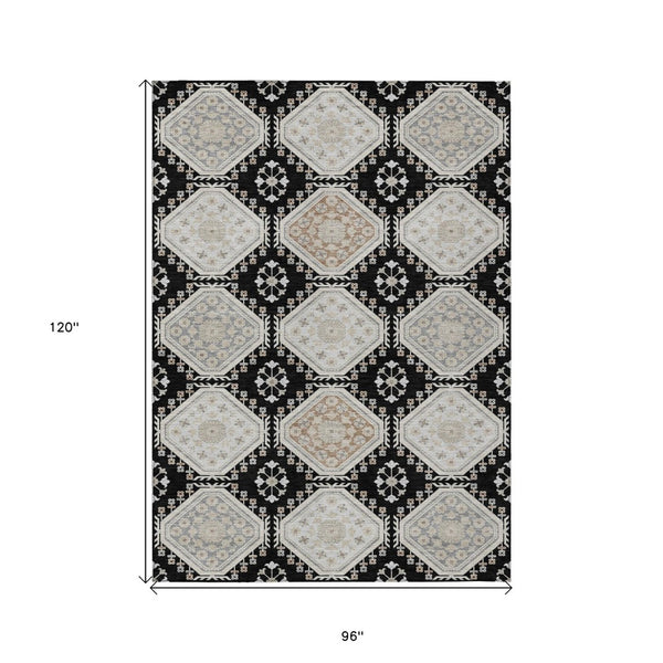 HomeRoots 5' Black and Silver Floral Washable Area Rug - Durable, Stylish Design for Indoor and Outdoor Spaces 8' X 10' 610742