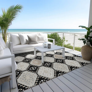 HomeRoots 5' Black and Silver Floral Washable Area Rug - Durable, Stylish Design for Indoor and Outdoor Spaces 8' X 10' 610742