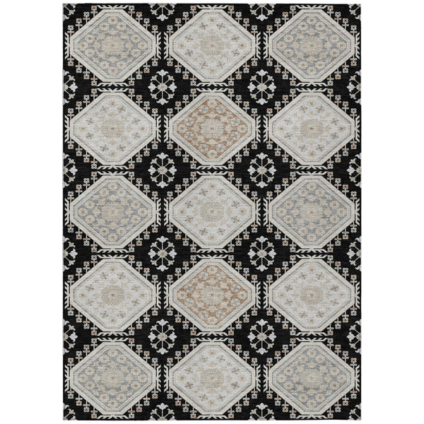 HomeRoots 5' Black and Silver Floral Washable Area Rug - Durable, Stylish Design for Indoor and Outdoor Spaces 8' X 10' 610742