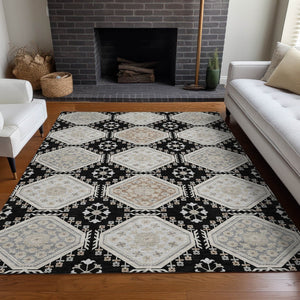 HomeRoots 5' Black and Silver Floral Washable Area Rug - Durable, Stylish Design for Indoor and Outdoor Spaces 8' X 10' 610742