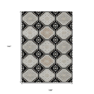 HomeRoots 5' Black and Silver Floral Washable Area Rug - Durable, Stylish Design for Indoor and Outdoor Spaces 9' X 12' 610743