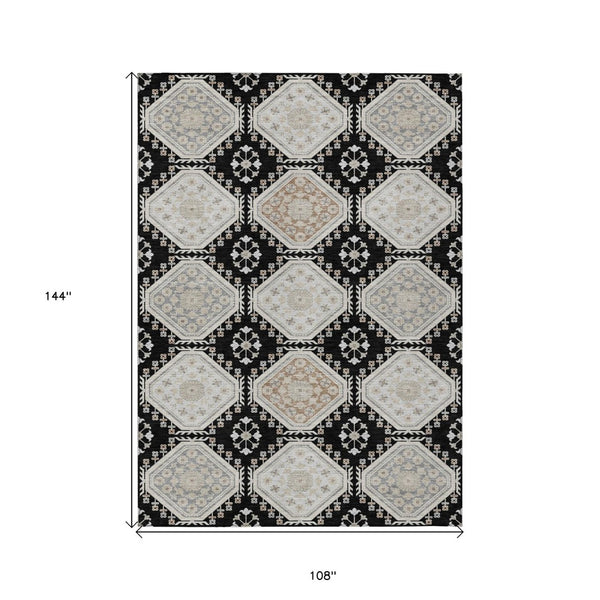 HomeRoots 5' Black and Silver Floral Washable Area Rug - Durable, Stylish Design for Indoor and Outdoor Spaces 9' X 12' 610743