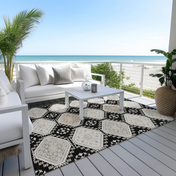 HomeRoots 5' Black and Silver Floral Washable Area Rug - Durable, Stylish Design for Indoor and Outdoor Spaces 9' X 12' 610743