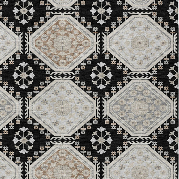 HomeRoots 5' Black and Silver Floral Washable Area Rug - Durable, Stylish Design for Indoor and Outdoor Spaces 9' X 12' 610743