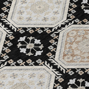 HomeRoots 5' Black and Silver Floral Washable Area Rug - Durable, Stylish Design for Indoor and Outdoor Spaces 9' X 12' 610743