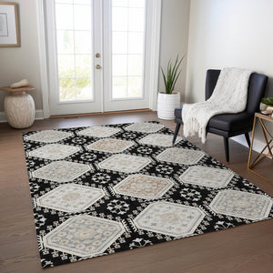 HomeRoots 5' Black and Silver Floral Washable Area Rug - Durable, Stylish Design for Indoor and Outdoor Spaces 9' X 12' 610743