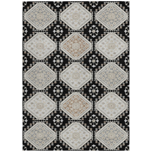 HomeRoots 5' Black and Silver Floral Washable Area Rug - Durable, Stylish Design for Indoor and Outdoor Spaces 10' X 14' 610744