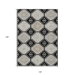 HomeRoots 5' Black and Silver Floral Washable Area Rug - Durable, Stylish Design for Indoor and Outdoor Spaces 10' X 14' 610744