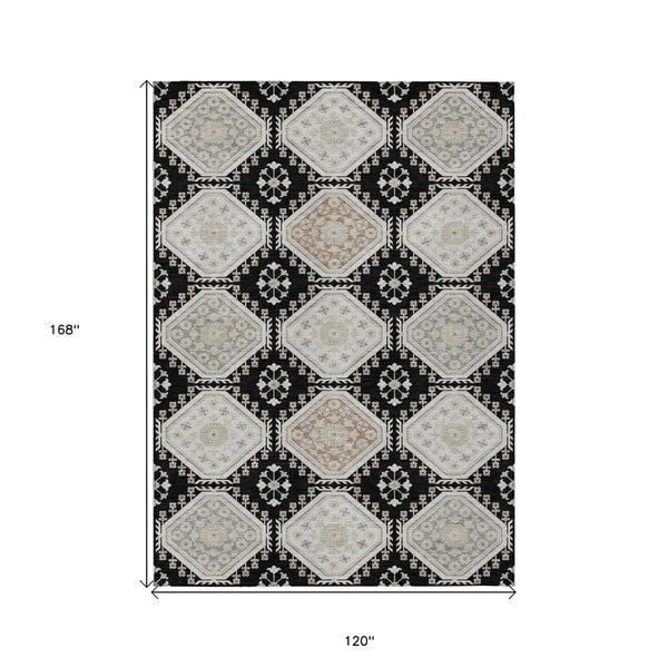 HomeRoots 5' Black and Silver Floral Washable Area Rug - Durable, Stylish Design for Indoor and Outdoor Spaces 10' X 14' 610744