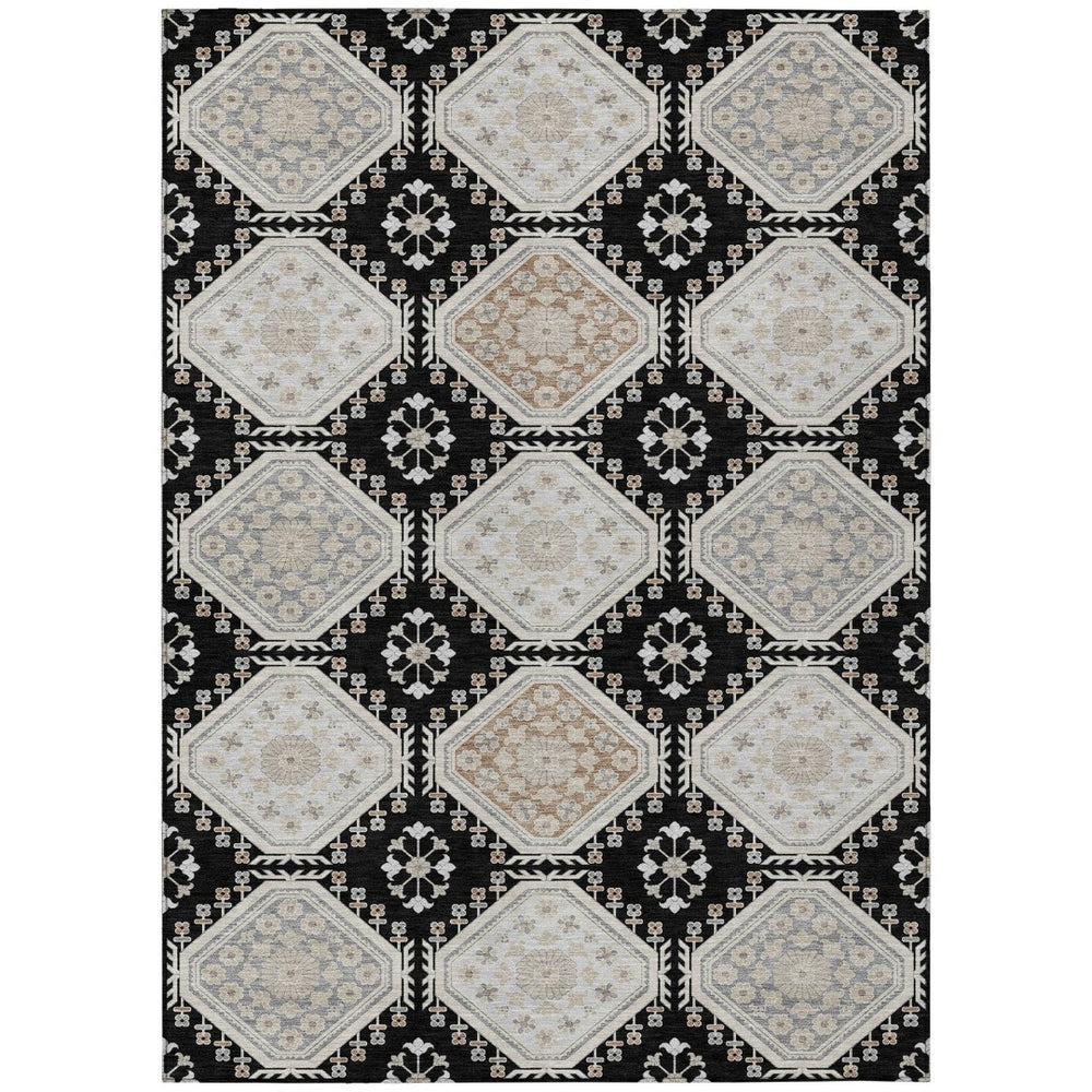 HomeRoots 5' Black and Silver Floral Washable Area Rug - Durable, Stylish Design for Indoor and Outdoor Spaces 10' X 14' 610744