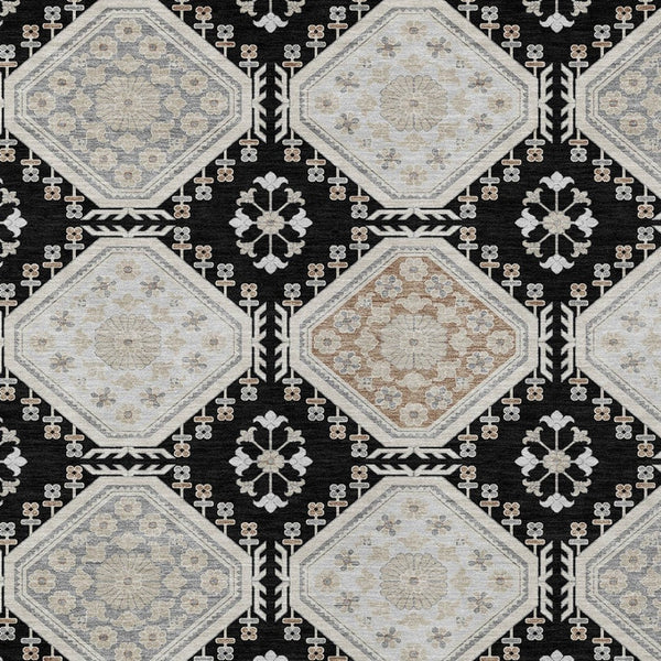 HomeRoots 5' Black and Silver Floral Washable Area Rug - Durable, Stylish Design for Indoor and Outdoor Spaces 10' X 14' 610744