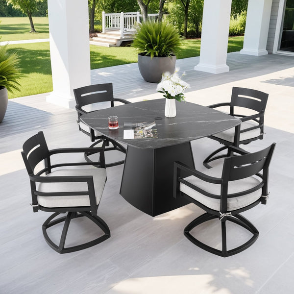 English Elm 5-Piece Outdoor Pedestal Dining Set With Swivel Rockers, Sintered Stone Table, Sunbrella Cushions & More! W1886S00032