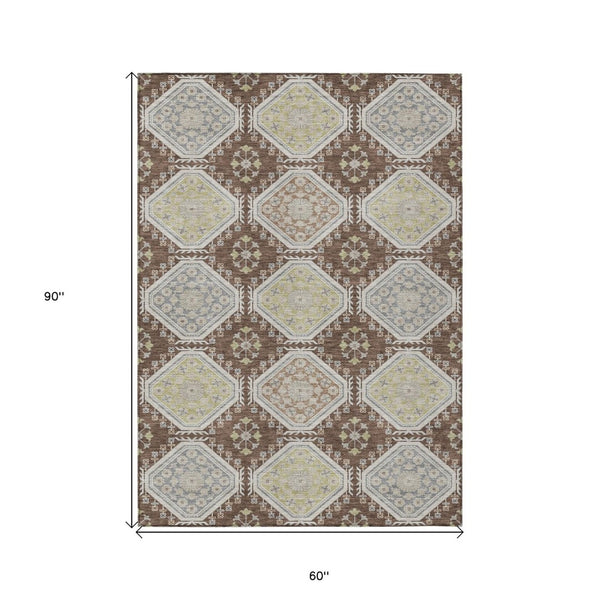 HomeRoots 5' Elegant Chocolate and Beige Floral Area Rug for Indoor Outdoor Spaces - Washable & Durable Design 5' X 8' 610746