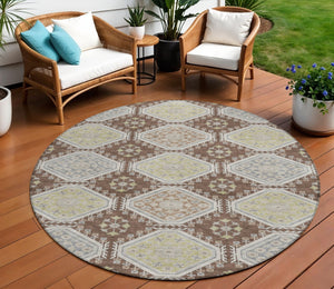 HomeRoots 5' Elegant Chocolate and Beige Floral Area Rug for Indoor Outdoor Spaces - Washable & Durable Design 8' Round 610747