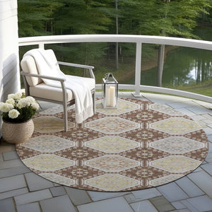 HomeRoots 5' Elegant Chocolate and Beige Floral Area Rug for Indoor Outdoor Spaces - Washable & Durable Design 8' Round 610747