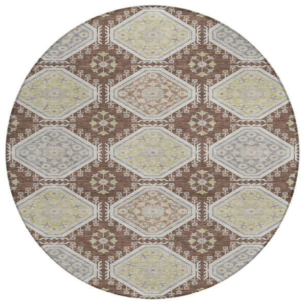HomeRoots 5' Elegant Chocolate and Beige Floral Area Rug for Indoor Outdoor Spaces - Washable & Durable Design 8' Round 610747