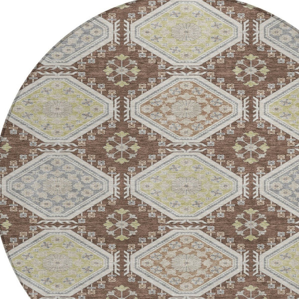 HomeRoots 5' Elegant Chocolate and Beige Floral Area Rug for Indoor Outdoor Spaces - Washable & Durable Design 8' Round 610747