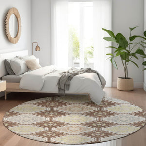 HomeRoots 5' Elegant Chocolate and Beige Floral Area Rug for Indoor Outdoor Spaces - Washable & Durable Design 8' Round 610747