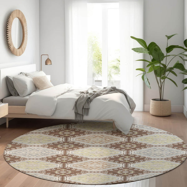 HomeRoots 5' Elegant Chocolate and Beige Floral Area Rug for Indoor Outdoor Spaces - Washable & Durable Design 8' Round 610747