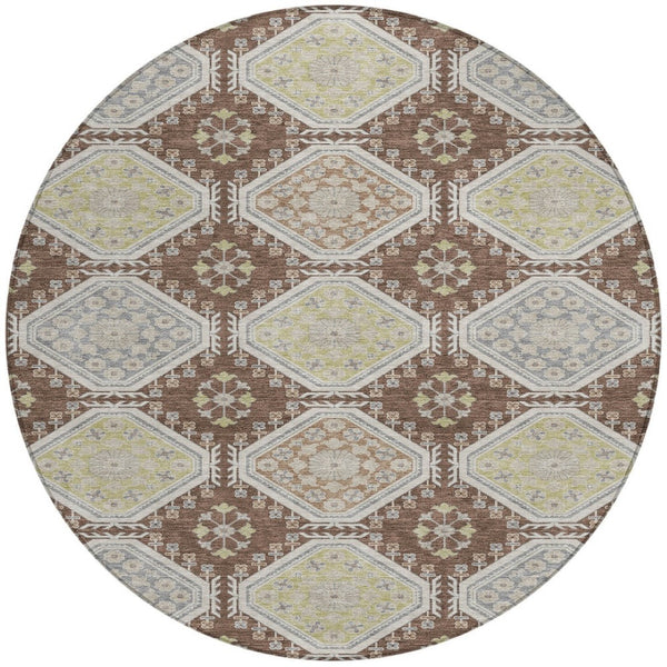 HomeRoots 5' Elegant Chocolate and Beige Floral Area Rug for Indoor Outdoor Spaces - Washable & Durable Design 8' Round 610747