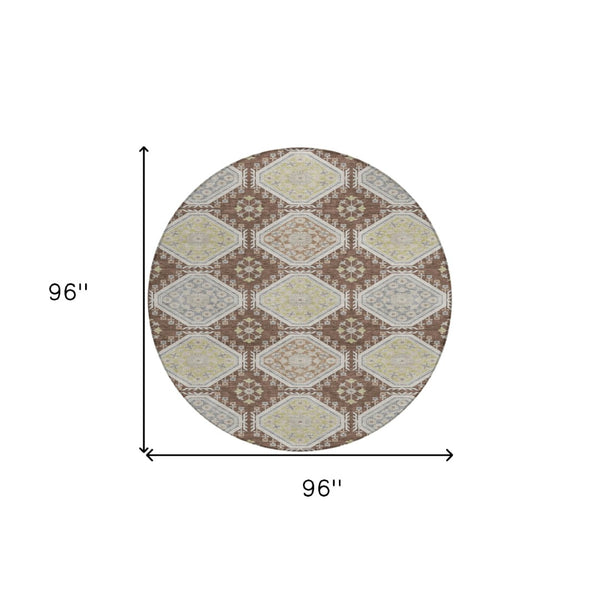 HomeRoots 5' Elegant Chocolate and Beige Floral Area Rug for Indoor Outdoor Spaces - Washable & Durable Design 8' Round 610747