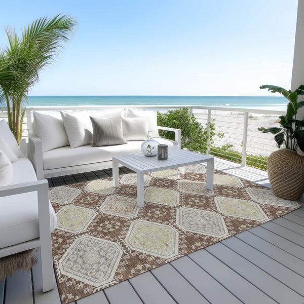 HomeRoots 5' Elegant Chocolate and Beige Floral Area Rug for Indoor Outdoor Spaces - Washable & Durable Design 8' X 10' 610748