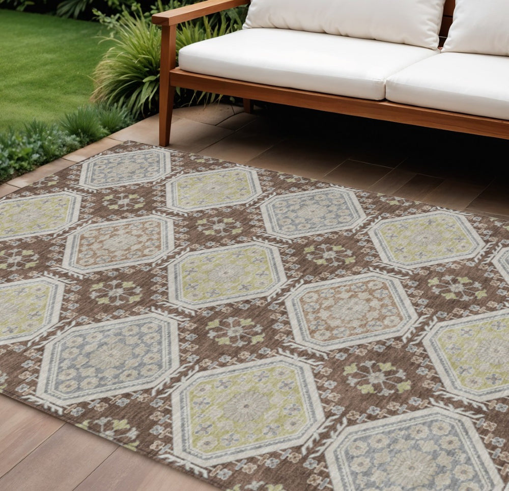 HomeRoots 5' Elegant Chocolate and Beige Floral Area Rug for Indoor Outdoor Spaces - Washable & Durable Design 10' X 14' 610750