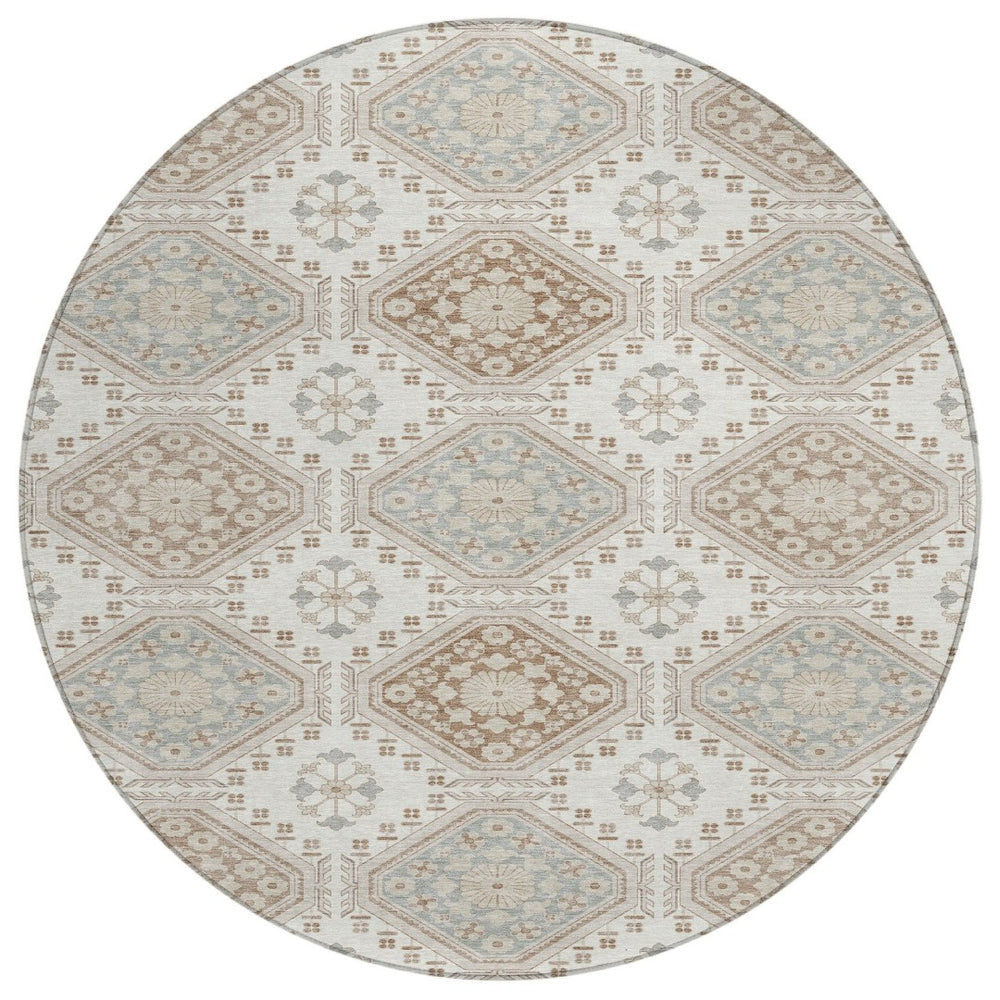 HomeRoots 5' Timeless Ivory and Brown Floral Area Rug - Durable, Washable, Ideal for Indoor and Outdoor Spaces 8' Round 610753