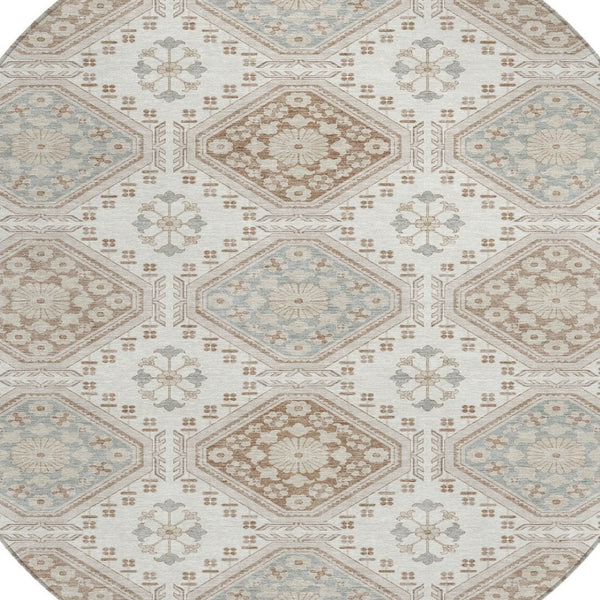 HomeRoots 5' Timeless Ivory and Brown Floral Area Rug - Durable, Washable, Ideal for Indoor and Outdoor Spaces 8' Round 610753