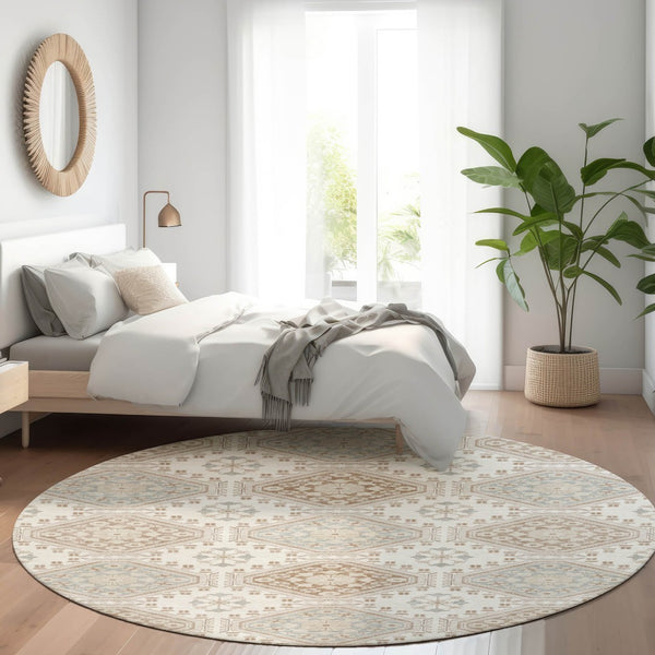 HomeRoots 5' Timeless Ivory and Brown Floral Area Rug - Durable, Washable, Ideal for Indoor and Outdoor Spaces 8' Round 610753