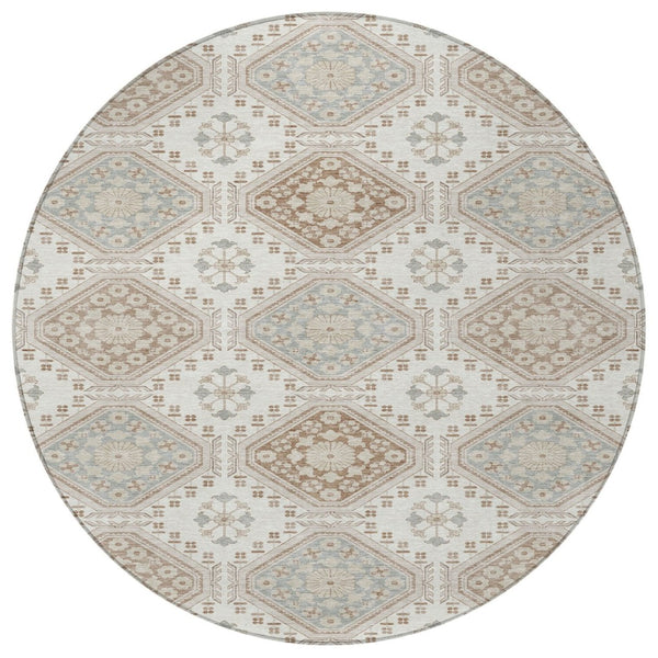 HomeRoots 5' Timeless Ivory and Brown Floral Area Rug - Durable, Washable, Ideal for Indoor and Outdoor Spaces 8' Round 610753