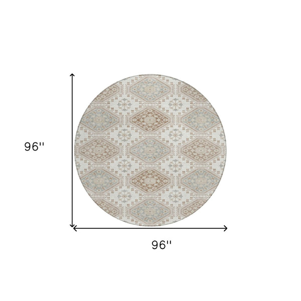 HomeRoots 5' Timeless Ivory and Brown Floral Area Rug - Durable, Washable, Ideal for Indoor and Outdoor Spaces 8' Round 610753