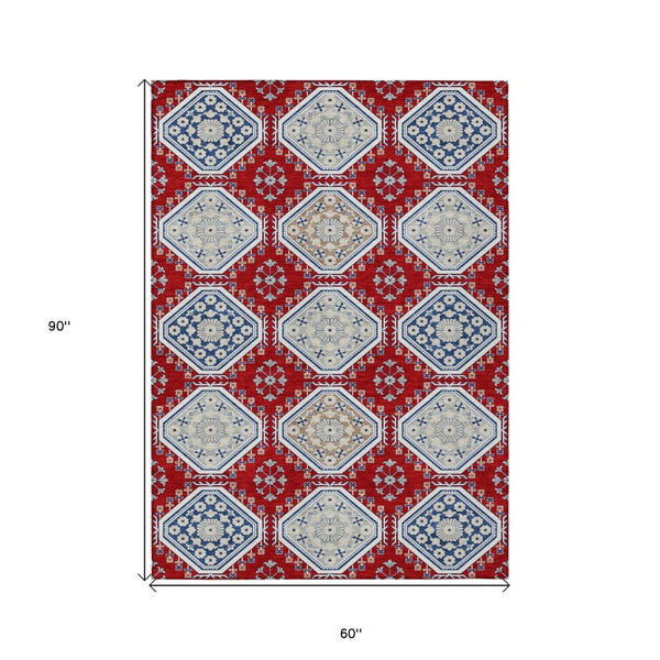 HomeRoots 5' Vibrant Red and Navy Blue Floral Indoor Outdoor Rug - Durable, Washable, Perfect for Any Space 5' X 8' 610770